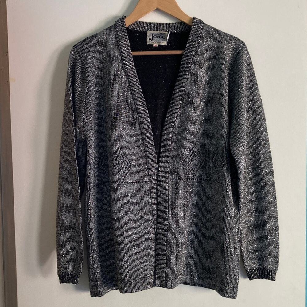 Joyce Vintage Size XL Metallic Silver & Black  Knit Cardigan Open Front Sweater